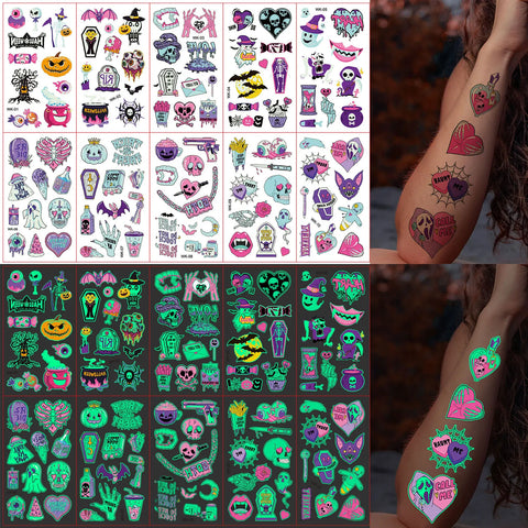 10Sheets(106 Patterns) Glow in the Dark Temporary Tattoos Stickers, Halloween Vampire, Skeleton, Zombie, Ghost, Pumpkin Designs