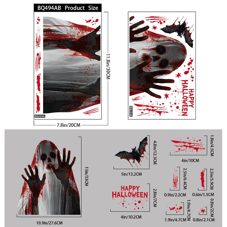 Halloween Static Cling Stickers Scary Ghost Woman Bloody Handprint Window Decals Spooky Party Home Decor Horror Decorations