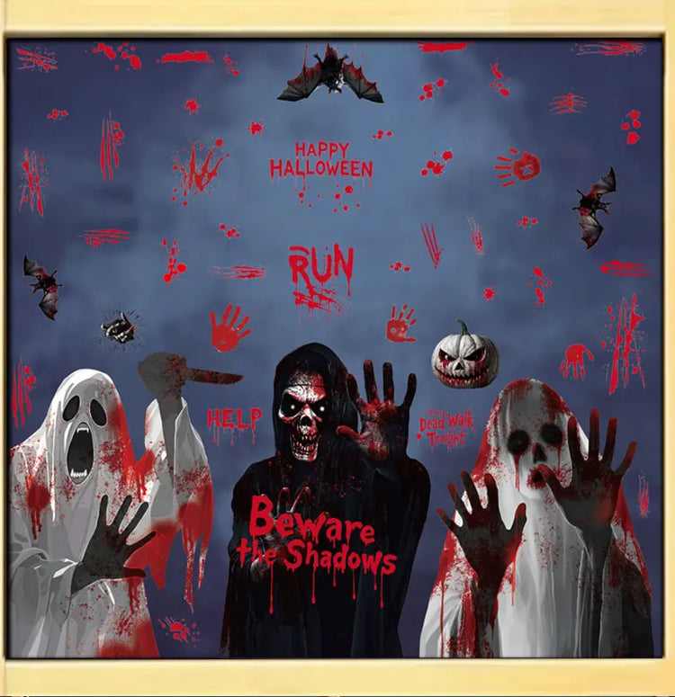 Halloween Static Cling Stickers Scary Ghost Woman Bloody Handprint Window Decals Spooky Party Home Decor Horror Decorations