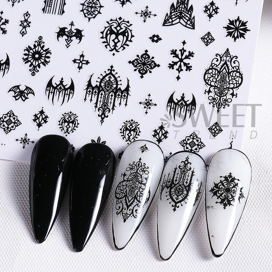5pcs Gothic Black Nail Stickers Elegant Wedding Laced Designs Halloween Castle Skull Wings Adhesive Foils Sliders Manicure Decor