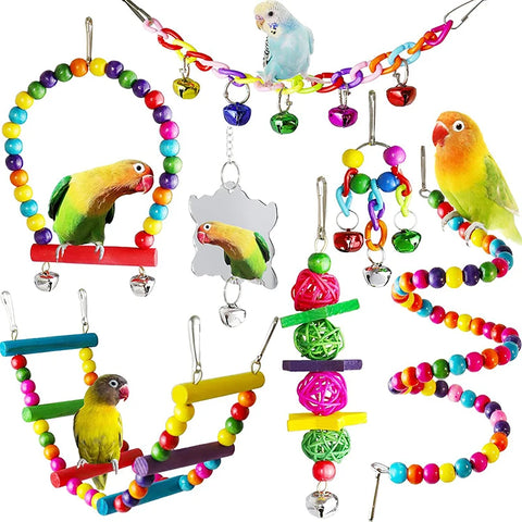 7pcs Wood Parrot Bird Toys Cage Swing Bridge Bells Set
