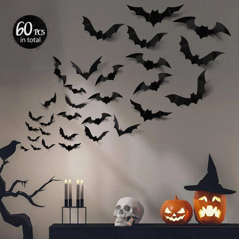 Bats Wall Decor 120 Pcs 3D Bat Halloween Decoration Stickers for Home Decor 4 Size Waterproof Black Spooky Bats for Room Décor