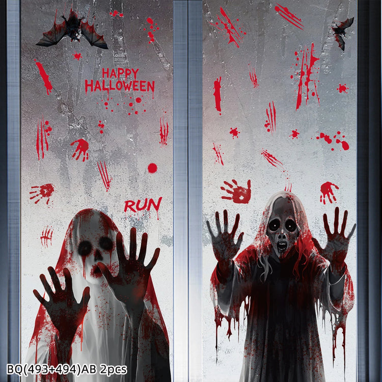 Halloween Static Cling Stickers Scary Ghost Woman Bloody Handprint Window Decals Spooky Party Home Decor Horror Decorations