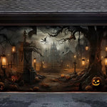 1 Halloween garage door banner, featuring horror town and pumpkin head design, with multiple sizes to choose from
