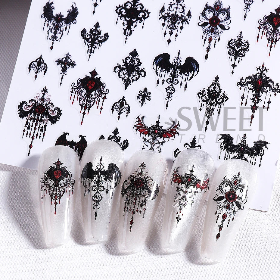 5pcs Gothic Black Nail Stickers Elegant Wedding Laced Designs Halloween Castle Skull Wings Adhesive Foils Sliders Manicure Decor