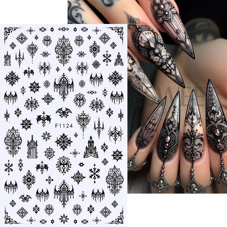 5pcs Gothic Black Nail Stickers Elegant Wedding Laced Designs Halloween Castle Skull Wings Adhesive Foils Sliders Manicure Decor