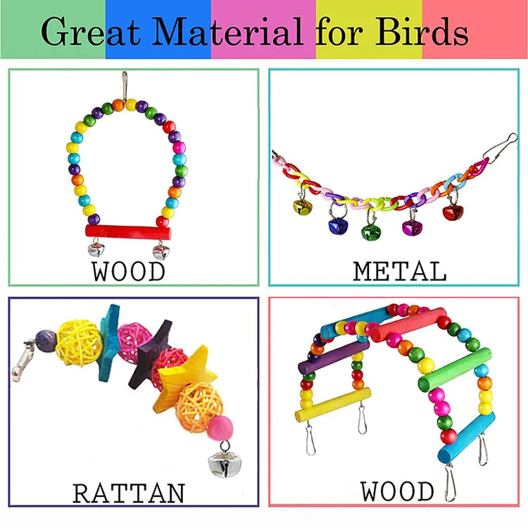 7pcs Wood Parrot Bird Toys Cage Swing Bridge Bells Set