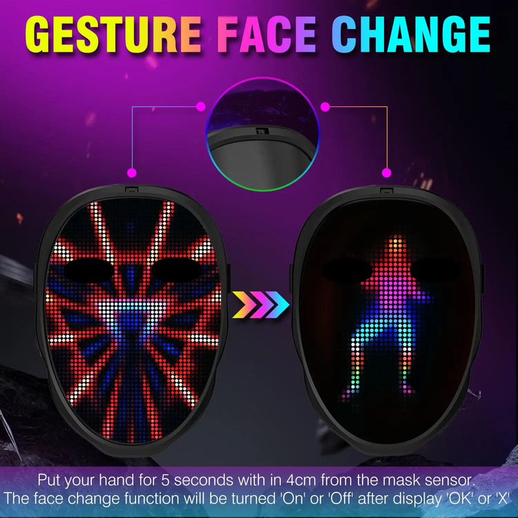 Party LED Light up Mask Gesture Sensing Smart Display LED Face Masks Programmable Bluetooth App Control Transforming Mask