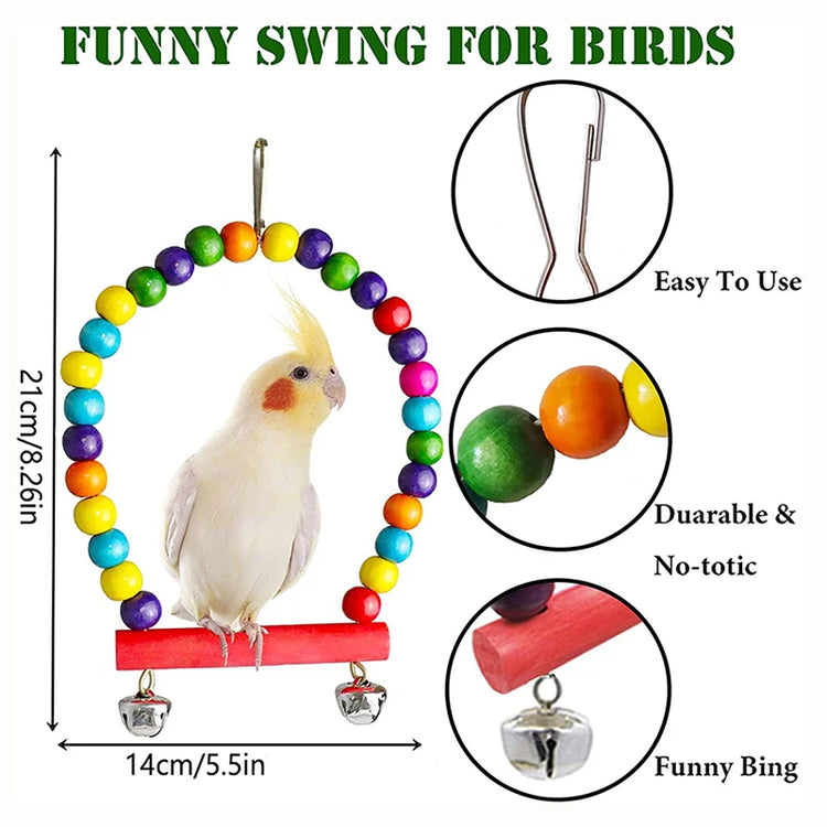 7pcs Wood Parrot Bird Toys Cage Swing Bridge Bells Set
