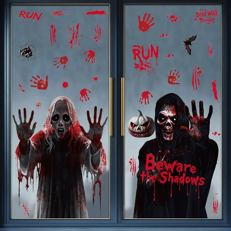 Halloween Static Cling Stickers Scary Ghost Woman Bloody Handprint Window Decals Spooky Party Home Decor Horror Decorations