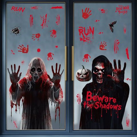 Halloween Static Cling Stickers Scary Ghost Woman Bloody Handprint Window Decals Spooky Party Home Decor Horror Decorations