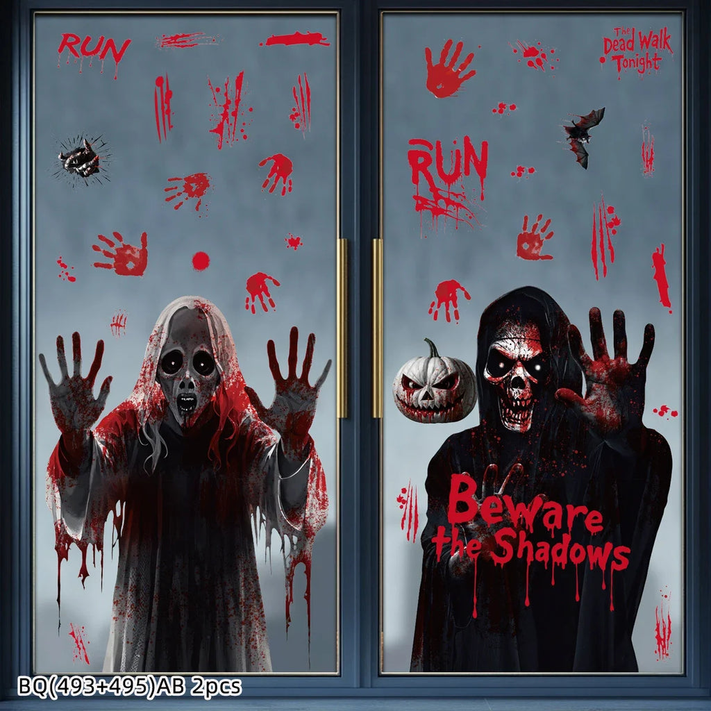 Halloween Static Cling Stickers Scary Ghost Woman Bloody Handprint Window Decals Spooky Party Home Decor Horror Decorations