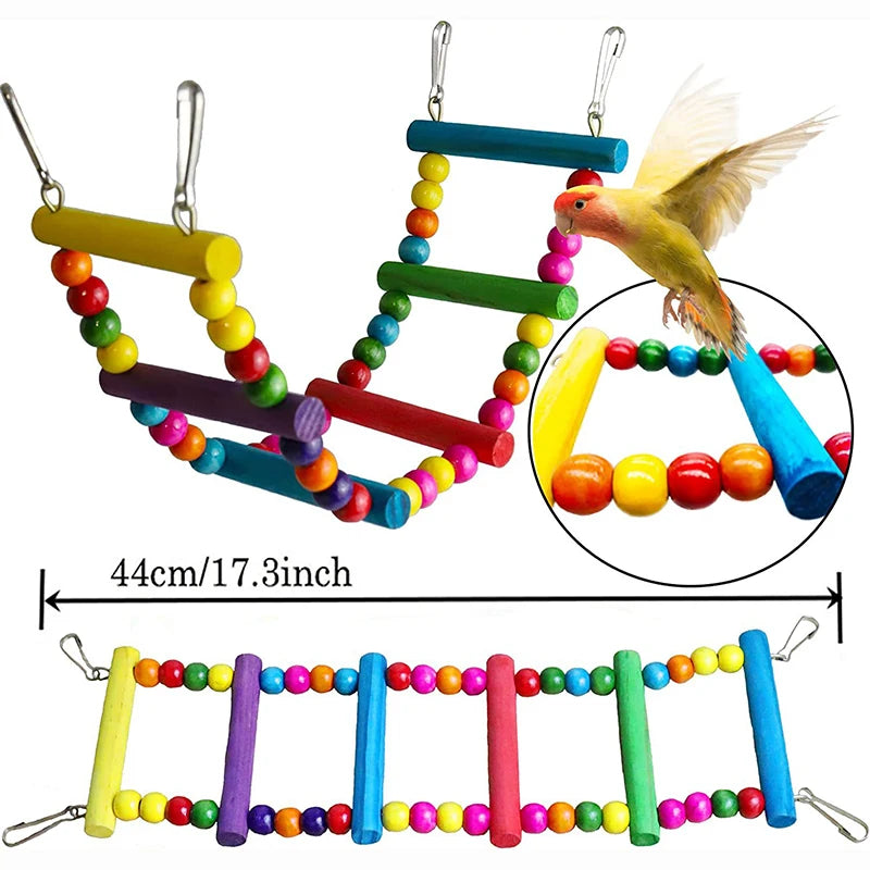7pcs Wood Parrot Bird Toys Cage Swing Bridge Bells Set