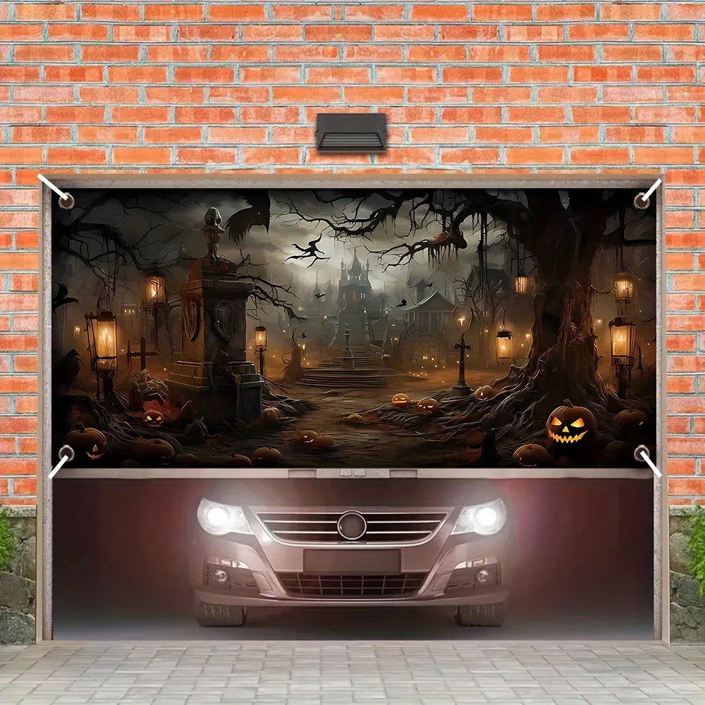1 Halloween garage door banner, featuring horror town and pumpkin head design, with multiple sizes to choose from