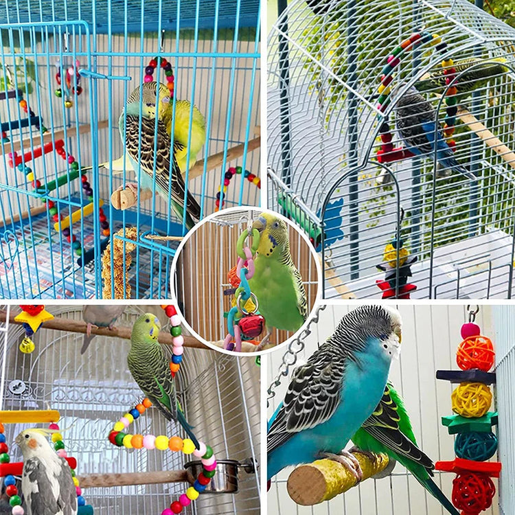 7pcs Wood Parrot Bird Toys Cage Swing Bridge Bells Set