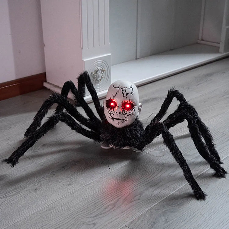 Halloween Animatronic Doll Face Spider Motion Activated Glowing Eyes Sound Control Scary Walking Toy Haunted House Prop