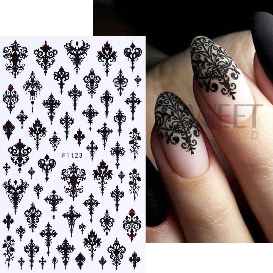 5pcs Gothic Black Nail Stickers Elegant Wedding Laced Designs Halloween Castle Skull Wings Adhesive Foils Sliders Manicure Decor