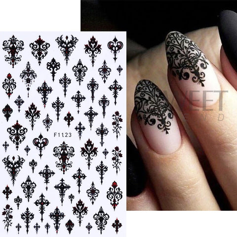 5pcs Gothic Black Nail Stickers Elegant Wedding Laced Designs Halloween Castle Skull Wings Adhesive Foils Sliders Manicure Decor