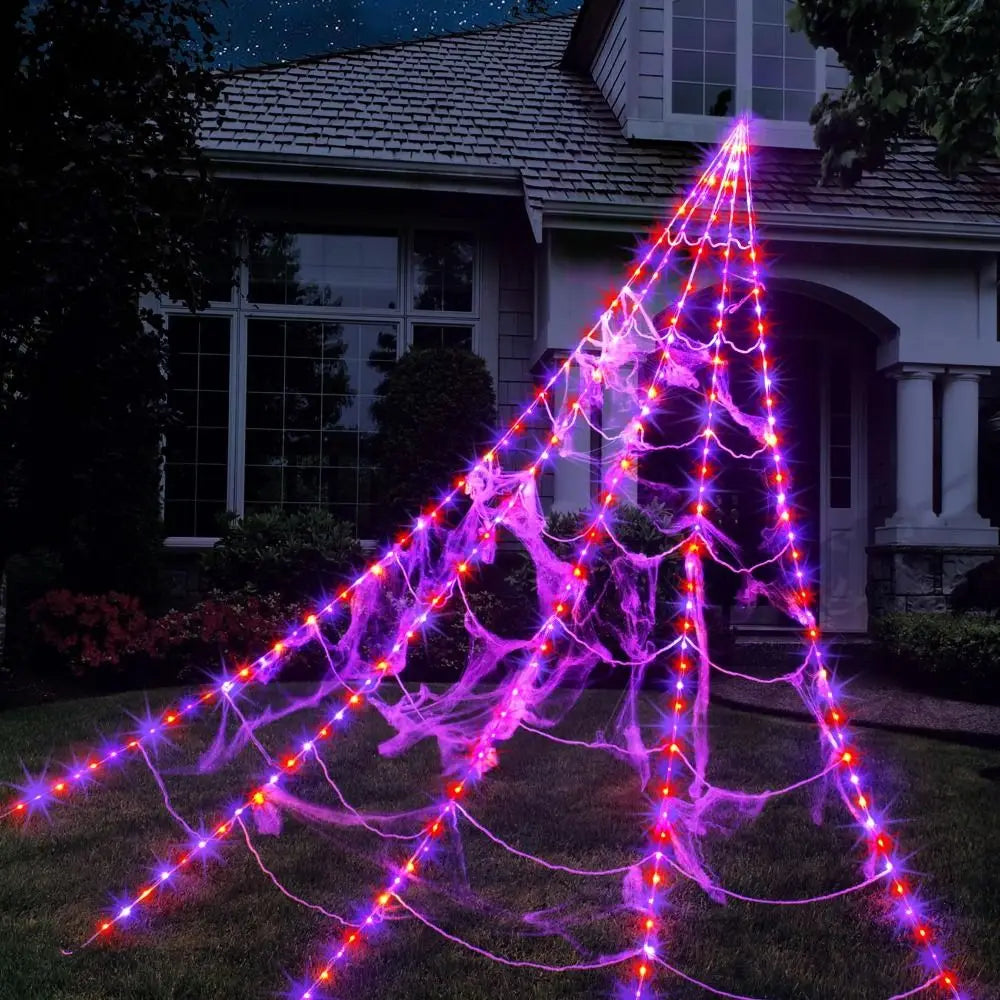 Practical 8 Modes Halloween Spider Web Lights Waterproof 250 LEDs LED Spider Net 5m Big Scary Giant Spider Party